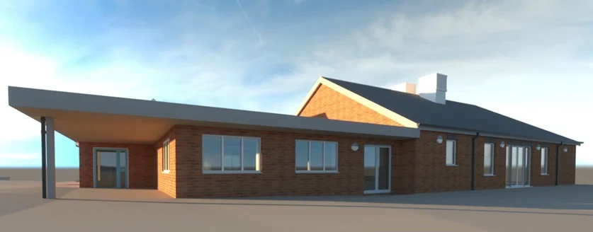 Computer-generated impression of a single-storey brick community hub with a flat-roofed canopy extension, large windows and glazed doors